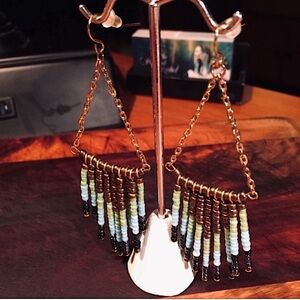 Glass Seed Bead Danglers In Bronze Turquoise Green